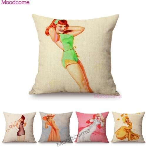 Modern Art Sexy Girl Pink fashion Woman Vintage Poster Cotton Linen Sofa Throw Pillow Cover Car Pillow Linen Cushion Cover