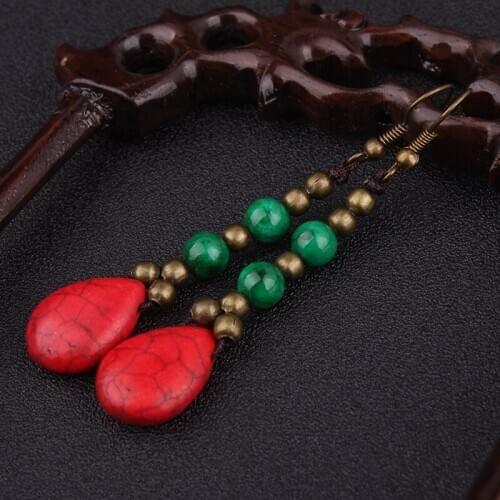 New Ethnic antique brass beads earrings handmade vintage moutain new thailand jewelry,Chinese red stones dangle earrings