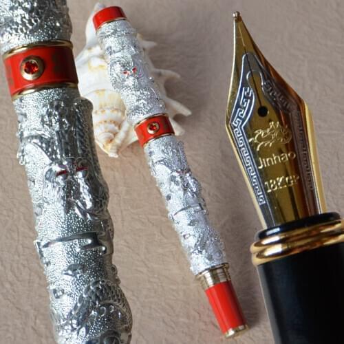 FOUNTAIN PEN 0.7mm BROAD NIB JINHAO SILVER AND RED TIME TWO DRAGON PLAY PEARL BUSINESS OFFICE BEST GIFT GOOD FOR COLLECTION