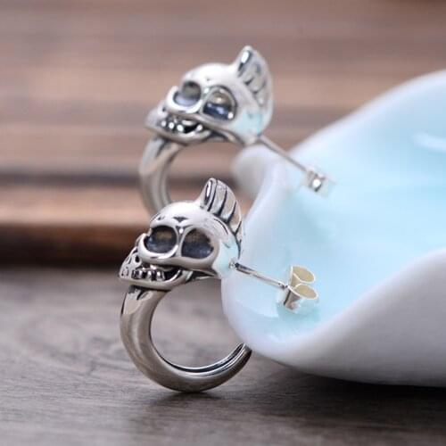925 Sterling Silver skull Stud Mens Punk Skeleton Biker Jewelry Earrings earring A2038
