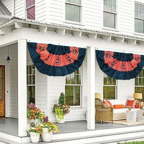 2pcs Halloween Fan-shaped Semicircle Hanging Flag Polyester Material Folding Halloween Bunting Hanging Decoration 1.5x3Ft