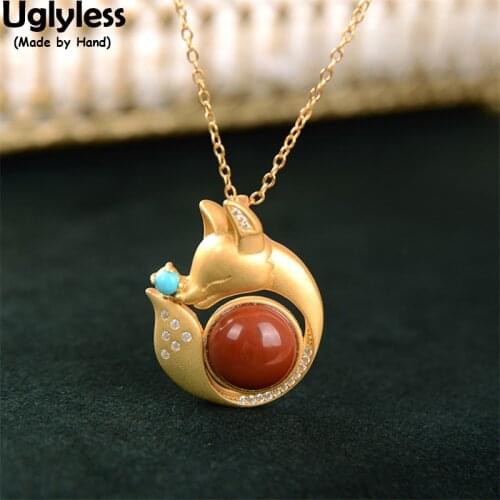 Uglyless Naughty Fox Playing Tail Animals Necklaces for Women Gifts Jewelry Gold 925 Silver Agate Turquoise Pendants + Chains