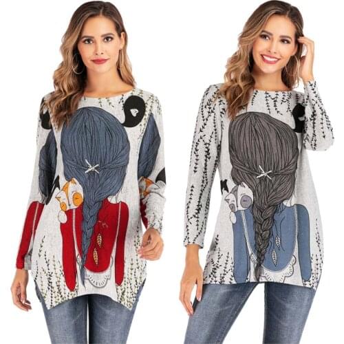 Women T-Shirt Long Sleeve Casual Loose Cartoon Print Illustration Plus Size O-neck tshirt Ladies Tops Femme Tee Running Tshirt