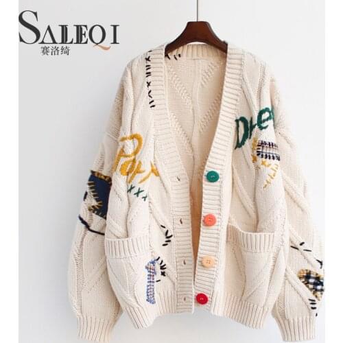 Women Cardigan Warm Knitted Sweater Jacket Pocket Embroidery Fashion Knit Cardigans Coat Lady Loose Sweaters 2021 Autumn Winter