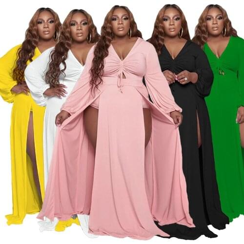 Fall Summer Long Maxi Elegant Dresses For Women Tall With Split Drawstring V-neck Long Sleeve Sexy Party Club Dress Plus Size