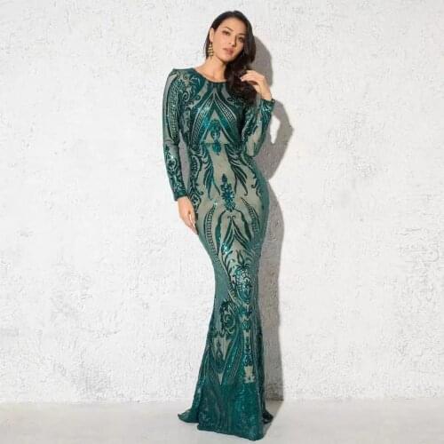 Women Elegant Sequined Geometric Evening Maxi Dress Sexy Mermaid O Neck Long Sleeves Formal Prom Party Gowns Vestidos
