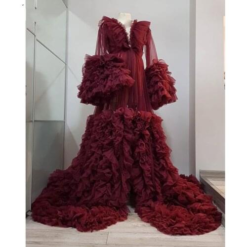Saudi Arabic Evening Dress Ruffled abiye abendkleider Burgundy Long Tiered Full Sleeves Evening Dresses Vestido De Festa Longo