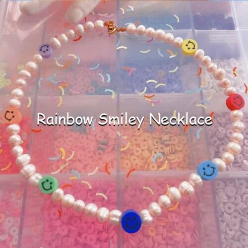 2000s Style Pearl Rainbow Smiley Necklace for Women Y2K Jewelry Harajuku Vintage Cute Bead Necklace Egirl Aesthetic Friends Gift
