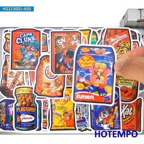 50pcs Spoof Snacks Drinks Food Packing Art Graffiti Funny Phone Laptop Skateboard Car Stickers Pack for Guitar Notebooks Sticker