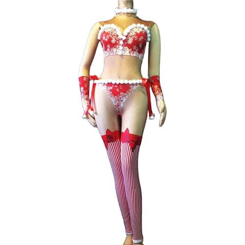 Bow Pattern Printing Striped Tights Jumpsuit Rhinestones Hair Ball Decoration Nightclub Dance Wear Women Christmas Party Costume