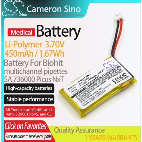 CameronSino Battery for Biohit Picus NxT multichannel pipettes fits Biohit SA 736000 Medical Replacement battery 450mAh/1.67Wh