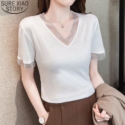 Korean fashion women blouse tops short sleeve Clothes Shirts Summer New Shirt V-neck Cotton Blouse Loose White blusas 13592