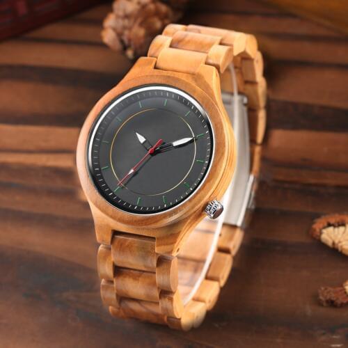 Wooden Watch Mens Creative Red Pointer Green Scale Round Analog Watch Natural Ebony Band Clock Man Fashion Quartz Wristwatches