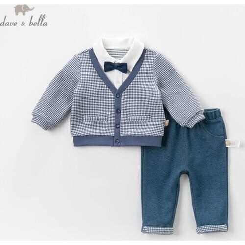 DB13360 dave bella baby boys handsome clothing sets long sleeve pants plaid suits children clothes