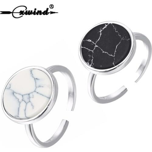 Cxwind Fashion Round Marbled Stone Black White Rings for Women Unique Adjustable 2019 New Exquisite Knuckle Circle Ring anillos