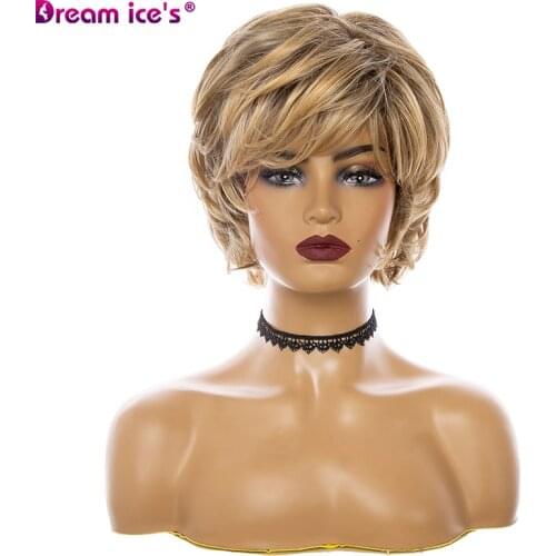 10inches Short Synthetic Wigs For Women Brown Mixed Natural Wave Fluffy Blend Human Hair Cosplay Wig With Bangs Dream Ices