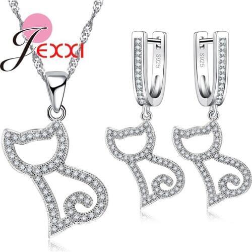 Cute Animal Design Shiny CZ Crystal Necklace/Earrings/Pendant Pretty Hollow Cat Jewelry Set Women/Girls Wholesale