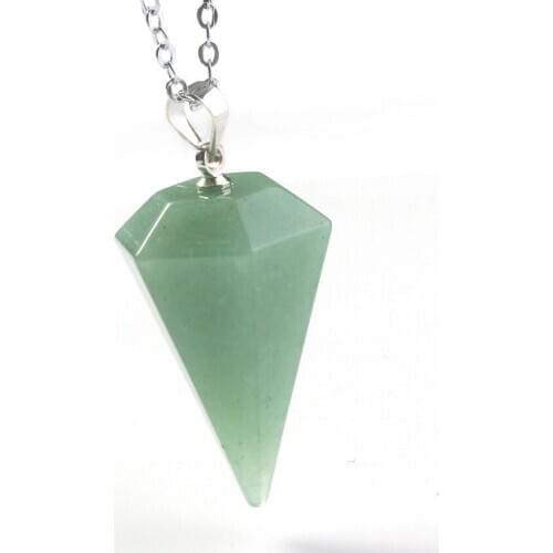 Trendy-beads Silver Plated Natural Green Aventurine Hexagon Pyramid Pendant Necklace Fashion Jewelry