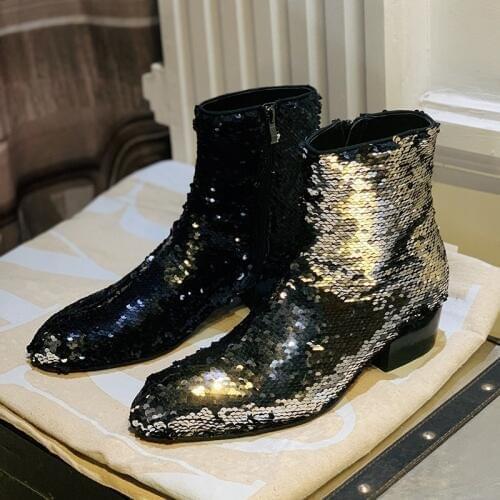 Fashion Mens Shiny Sequined Ankle Boots Night Clubwear Pointed Toe Bling Bling Block Med Heels Boots Male Harajuku Party Shoes