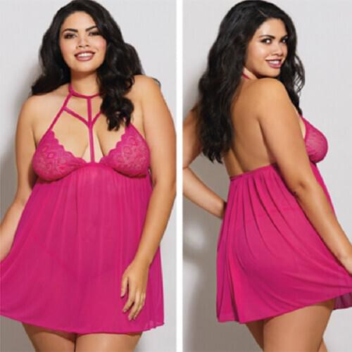 Fashion Sexy Large Size Underwear Rose Red Hanging Neck Lace Mesh Temptation Sling Nightdress Summer M-2XL