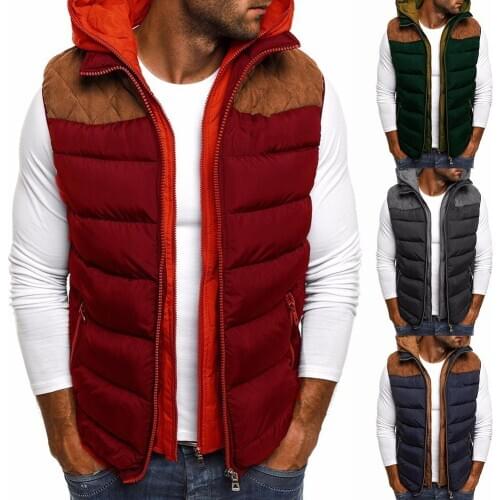 New Fashion Men Warm wadded Jacket Color Block Zipper Sleeveless Hooded Male Cotton Winter Vest Coat