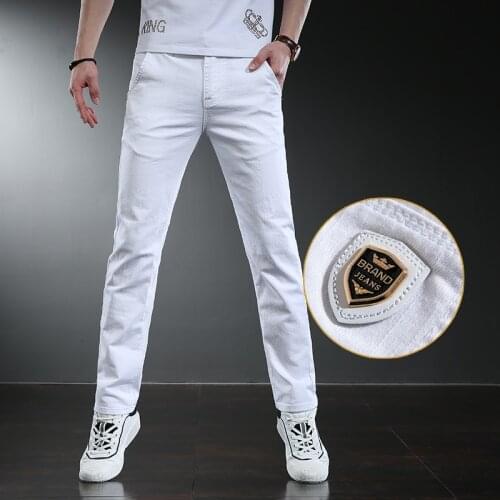 2021 Spring New Mens Slim White Jeans Stretch Embroidery Decoration Denim Mens Fashion Trousers Male Brand Pants Goth Clothes