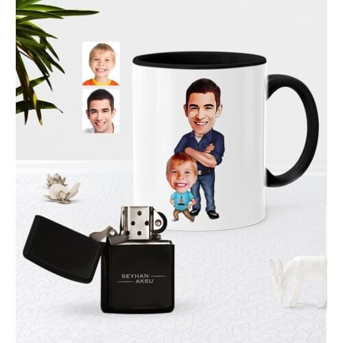 Personalized Father Son Caricature Of Black Mug Cup Gasoline Lighter Seti-2