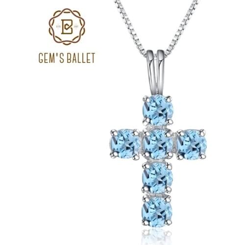 Gems Ballet Natural Swiss Blue Topaz Gemstone 925 Sterling Silver Cross Pendant Necklaces for Women Party Fine Jewelry Collares