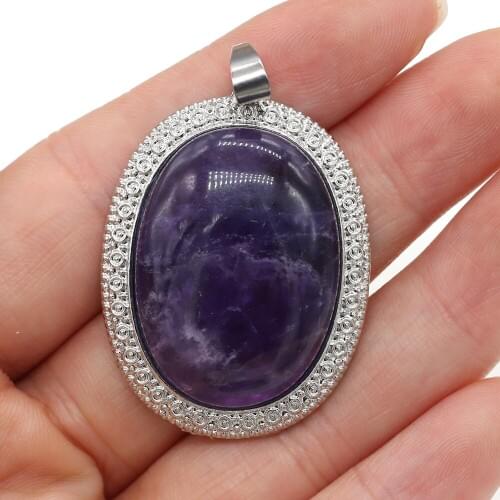 Vintage Elliptical Pendant Natural Stone Amethysts Tiger Eye Charms for Women Jewelry Making DIY Necklace Accessory Gift 32x57mm