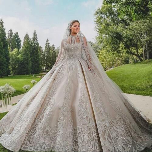 Luxury Dubai Wedding Dresses 2020 Gorgeous Sparkly High Neck Illusion Top Wedding Gowns Robe De Mariee