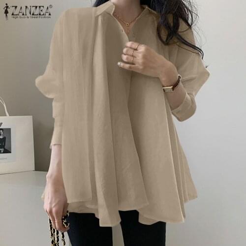 ZANZEA Women Oversized Lapel Long Sleeve Shirt Casual Cotton Button Up Top Vintage Loose Ruched Blouse Femininas Tunic