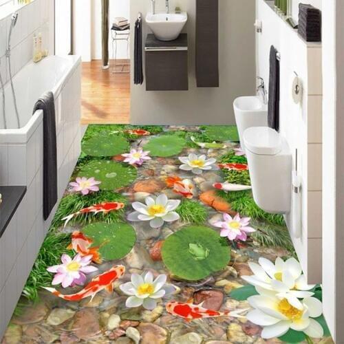 Custom Self-adhesive Floor Mural 3D Lotus Pond Floor Tiles Wallpaper Living Room Bathroom PVC Wear Waterproof Papel De Parede 3D