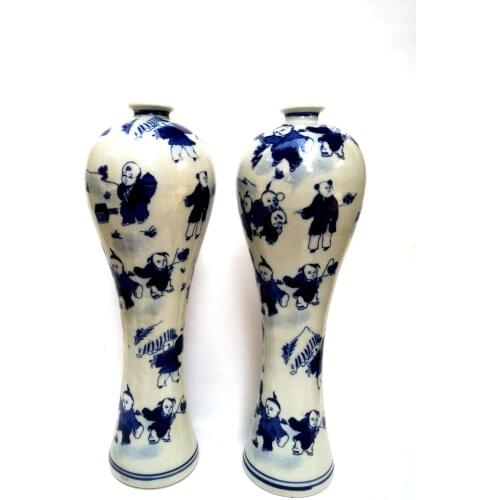 YIZHU CULTUER ART Decorated Collect a Pair China Old blue-and-white Porcelain Boy Vase H 13.1 inch Family Decoration Gift