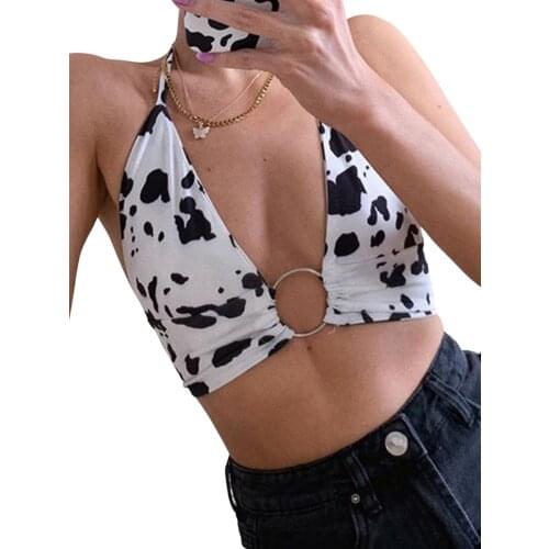 Women Summer Crop Tops, Milk Cow Print V-Neck Sleeveless Sling Vest with Metal Ring for Girls, Black White