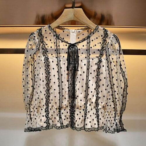 2021 spring new womens printed lace up trumpet sleeve slim chiffon shirt s210184
