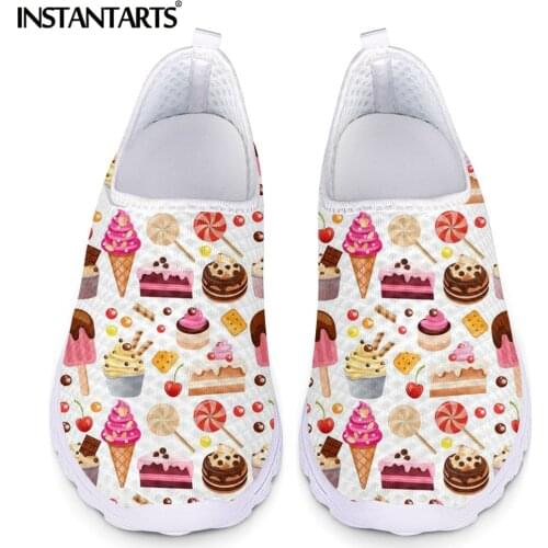 INSTANTARTS Hot Sale Women Slip-on Mesh Sneakers Cute Ice Cream Cake Pattern Girls Flat Shoes Breathable Comfort Loafers Zapatos