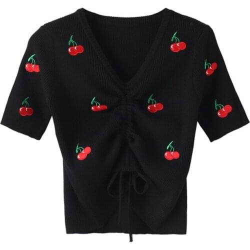 Summer Womens V-neck Short Sleeve Knit Tops Cherry Embroidery Drawstring Fashion 2021 New