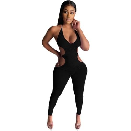 Women Sexy Solid Pleated Jumspuit Deep V Neck Lace Up Halter Backless Pencil Pants Slim Romper Night Club Overalls