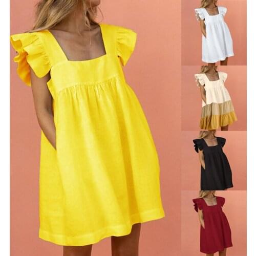 Women Ruffled Mini Dress Summer Cute Square Collar Pocket Dresses Elegant Butterfly Sleeve Beach Party Female Dresses Vestidos