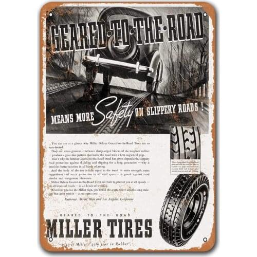 1937 Miller Tires Car Metal Tin Sign, Sisoso Vintage Plaques Poster Pub Man Cave Retro Wall Decor