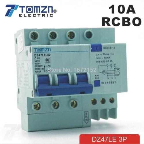 3P 10A DZ47LE TOMZN 400V~ Residual current Circuit breaker with over current and Leakage protection RCBO