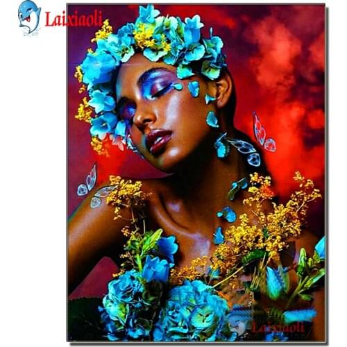 Diamond Embroidery African woman Diamond Painting Cross Stitch Rhinestone Mosaic fantasy flower black girl portrait wall sticker