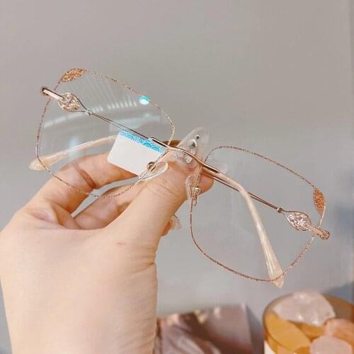 Anti Blue Light Filter Rimless Glasses Women Prescription Lady Reading Glasses High Clear Lens Hyperopia Womens Pink Presbyopic