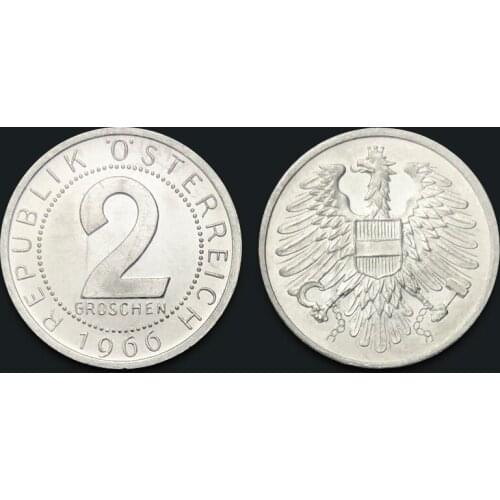 Austria 2 Groschen Aluminum Coin 1966 100% Real Original Coin Uncirculated Unc Collect Coins