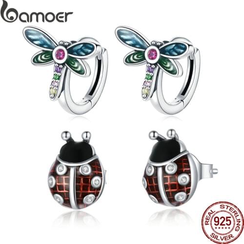 BAMOER 925 Sterling Silver Ladybug Earrings Retro Dragonfly Earrings Buckle Earrings for Women Wedding Fashion Jewelry SCE1172