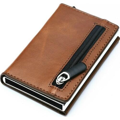 Bisi Goro Anti Rfid Card Holder Case Men Leather Metal Wallet Male Coin Purse Women Mini Carbon Credit Card Holder With Zipper