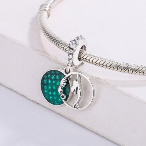 925 Sterling Silver Fashion Green Enamel Mermaid Zircon Beads Pendant Charms Bracelet DIY Jewelry Making For Original Pandora