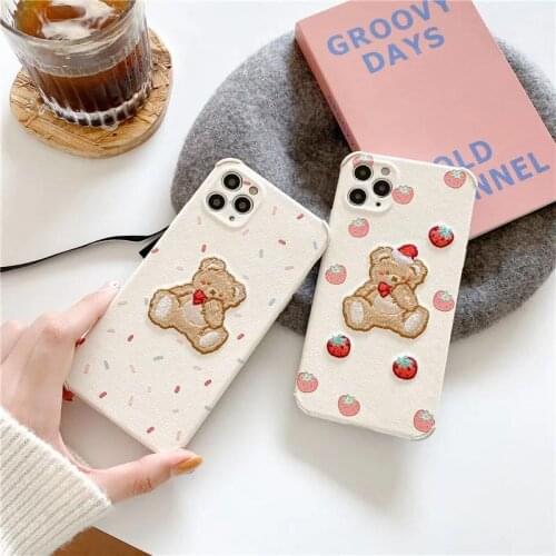 Retro Embroidery Matt Bear Phone Case For iPhone 12 11 Pro Max XR X Xs Max 7 8 Puls SE 2020 Cases Soft Silicone Strawberry Cover