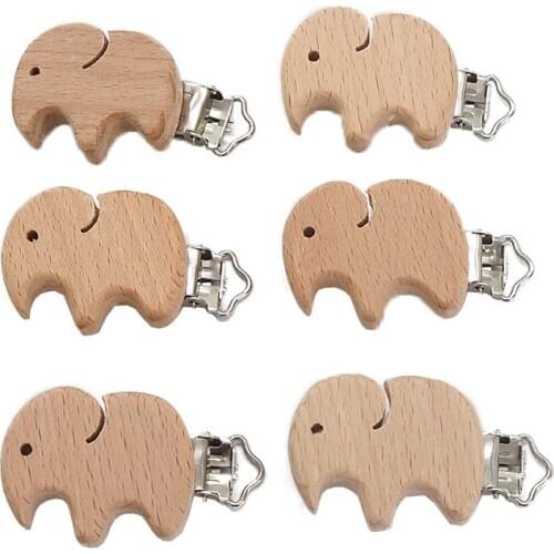 Chenkai 5PCS Wood Elephant Pacifier Clips DIY Organic Eco-friendly Nature Baby Pacifier Rattle Teething Grasping Wooden Toy