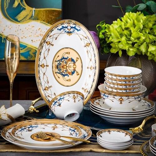 Jingdezhen 60 head bone china tableware, gold bowl and dish set, household European Ceramic Gift tableware